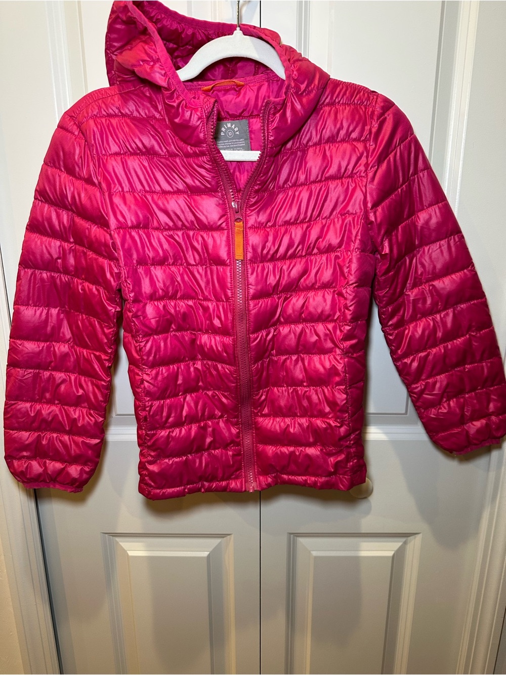 Primary Bright Hot Pink Hooded Lightweight Puffer Jacket Size 10